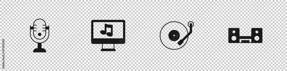 Set Microphone, Computer with music note, Vinyl player and Home stereo two speakers icon. Vector Set Microphone, Computer with music note, Vinyl player and Home stereo two speakers icon. Vector