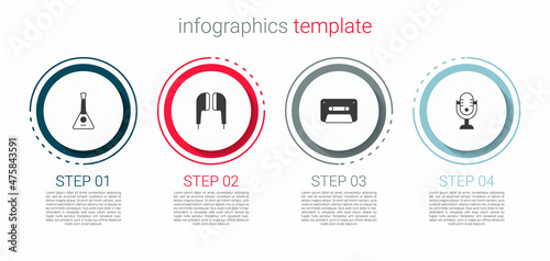 Set Balalaika, Air headphones, Retro audio cassette tape and Microphone. Business infographic template. Vector