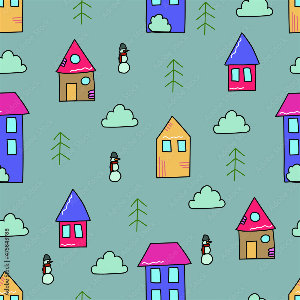 Bright seamless pattern for children. Children's drawing. Winter houses. winter mood. Hand drawing.