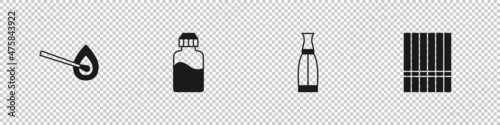 Set Burning match with fire, Vape liquid bottle, and Cigarette icon. Vector