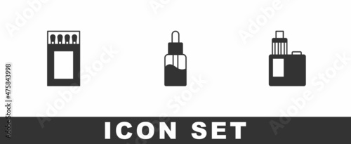 Set Matchbox and matches, Vape liquid bottle and mod device icon. Vector