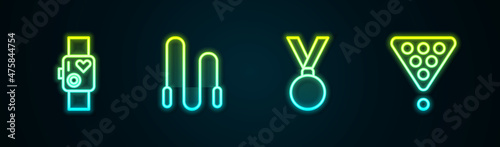 Set line Smart watch showing heart beat rate, Jump rope, Medal and Billiard balls rack triangle. Glowing neon icon. Vector