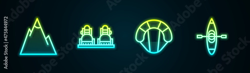 Set line Mountains, Snowboard, Parachute and Kayak or canoe. Glowing neon icon. Vector