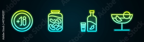Set line Alcohol 18 plus, Pickled cucumbers in a jar, Vodka with pepper and glass and Cocktail. Glowing neon icon. Vector
