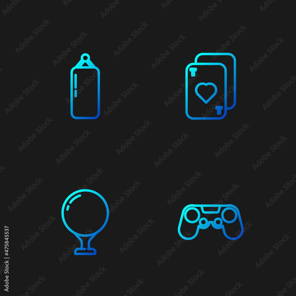 Set line Gamepad, Golf ball on tee, Punching bag and Playing cards. Gradient color icons. Vector Set line Gamepad, Golf ball on tee, Punching bag and Playing cards. Gradient color icons. Vector
