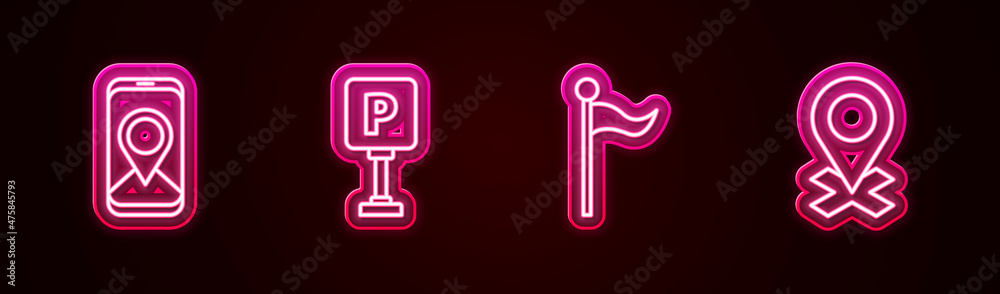 Set line City map navigation, Parking, Location marker and . Glowing neon icon. Vector Set line City map navigation, Parking, Location marker and . Glowing neon icon. Vector