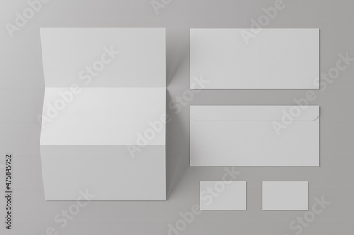 3d illustration. Blank paper, business cards and envelope. Mockup template for branding design. Business concept.