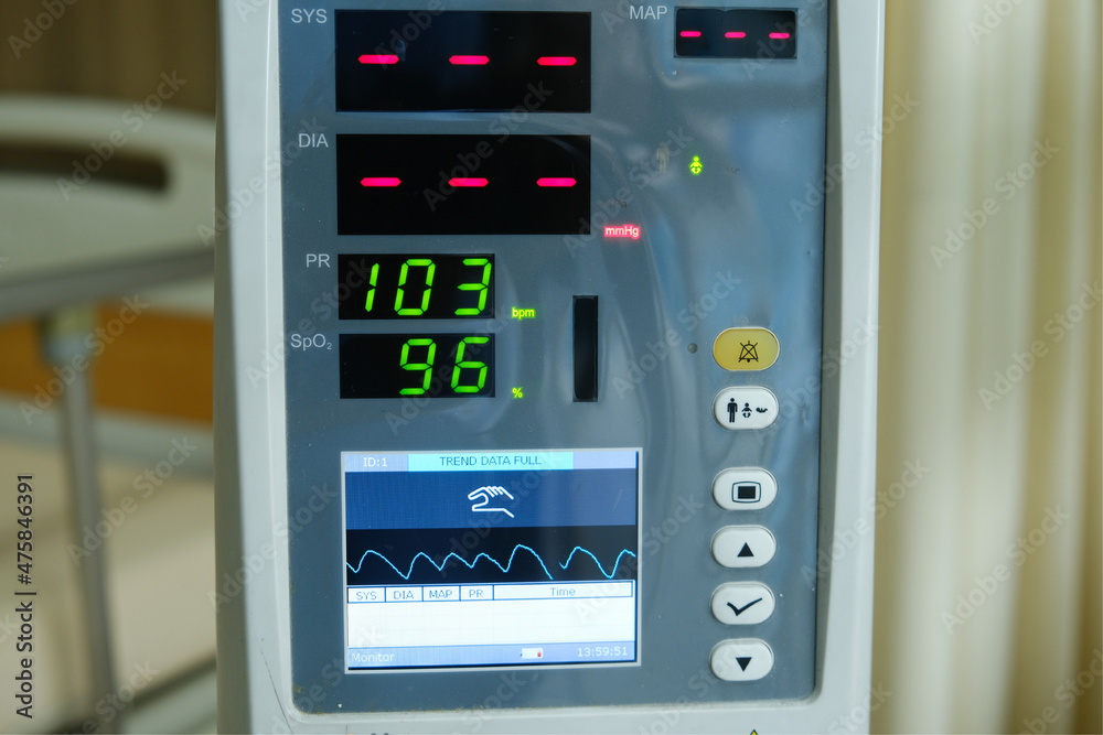 Low light and close up picture with noise effect added of vital sign monitor used in a hospital.