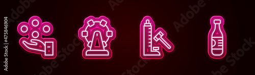 Set line Juggling ball, Ferris wheel, Striker attraction with hammer and Bottle of water. Glowing neon icon. Vector