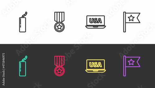 Set line Dynamite bomb, Medal with star, USA on laptop and American flag on black and white. Vector