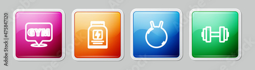 Set line Location gym, Sports nutrition, Kettlebell and Dumbbell. Colorful square button. Vector
