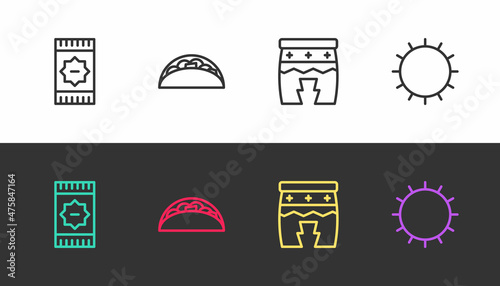 Set line Mexican carpet, Taco with tortilla, Huehuetl and Sun on black and white. Vector photo