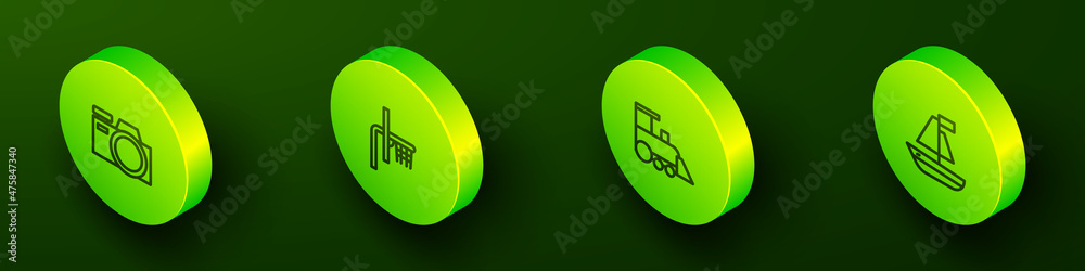 Set Isometric line Photo camera, Basketball backboard, Toy train and boat icon. Vector Set Isometric line Photo camera, Basketball backboard, Toy train and boat icon. Vector