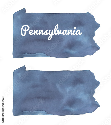 Pennsylvania State Map Shape set in dark navy blue color with artistic brush strokes and stains. Hand painted watercolour illustration, cut out clip art elements for design, greeting card, banner. photo