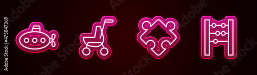 Set line Submarine toy, Baby stroller, Puzzle pieces and Abacus. Glowing neon icon. Vector
