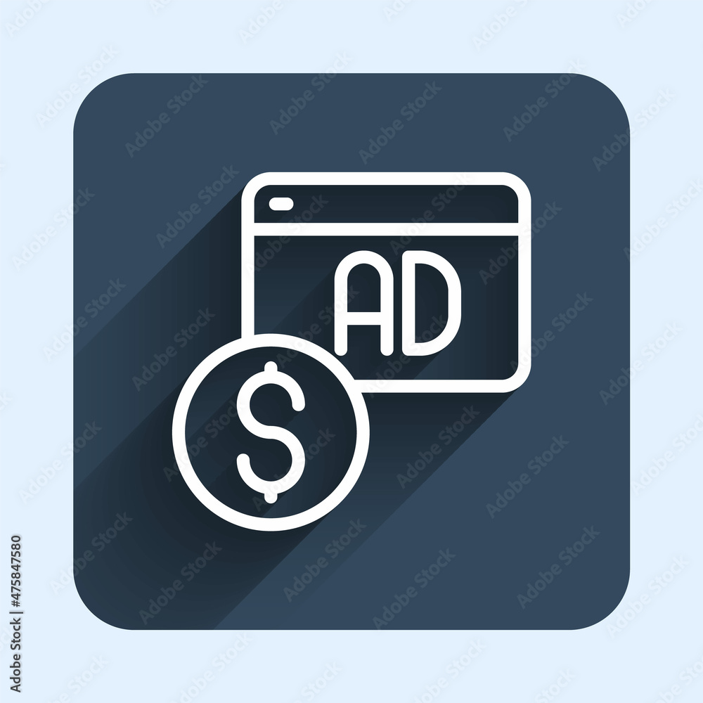 White line Advertising icon isolated with long shadow background. Concept of marketing and promotion process. Responsive ads. Social media advertising. Blue square button. Vector White line Advertising icon isolated with long shadow background. Concept of marketing and promotion process. Responsive ads. Social media advertising. Blue square button. Vector