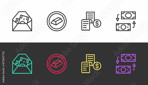 Set line Envelope with dollar symbol, Gold bars, Paper or financial check and Money exchange on black and white. Vector