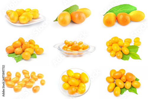 Collage of cumquats close-up on white