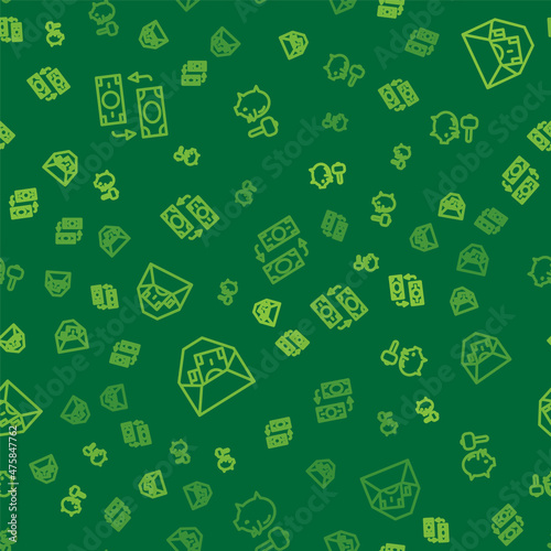 Set line Money exchange, Envelope with dollar symbol and Piggy bank and hammer on seamless pattern. Vector