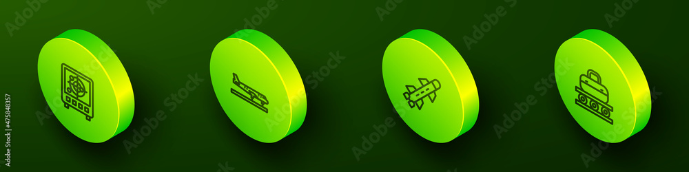 Set Isometric line Radar with targets on monitor, Plane, Rocket and Conveyor belt suitcase icon. Vector Set Isometric line Radar with targets on monitor, Plane, Rocket and Conveyor belt suitcase icon. Vector