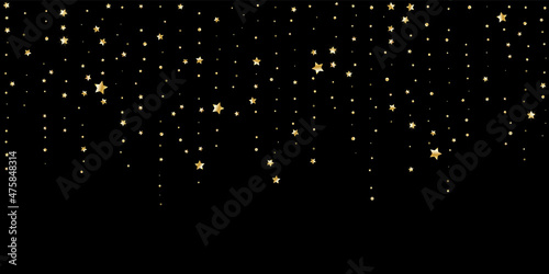 Confetti of shooting golden stars. Golden stars. Festive background, design cards, invitations. Abstract texture on a black background. Design element. Vector illustration, eps 10.