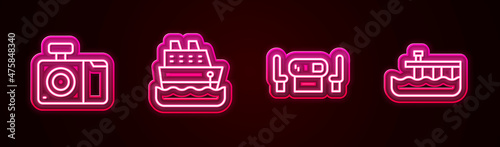 Set line Photo camera, Cruise ship, Poker table and Beach pier dock. Glowing neon icon. Vector
