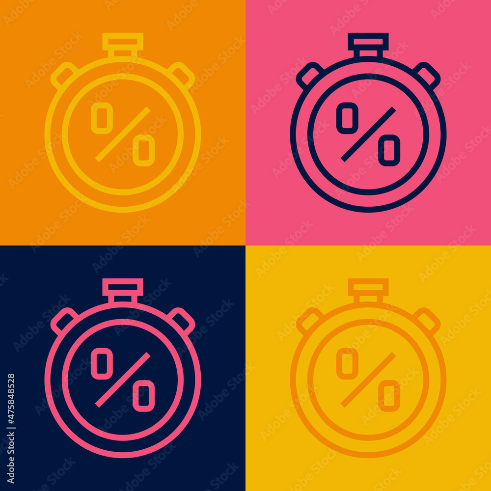 Pop art line Stopwatch with percent discount icon isolated on color background. Time timer sign. Vector Pop art line Stopwatch with percent discount icon isolated on color background. Time timer sign. Vector
