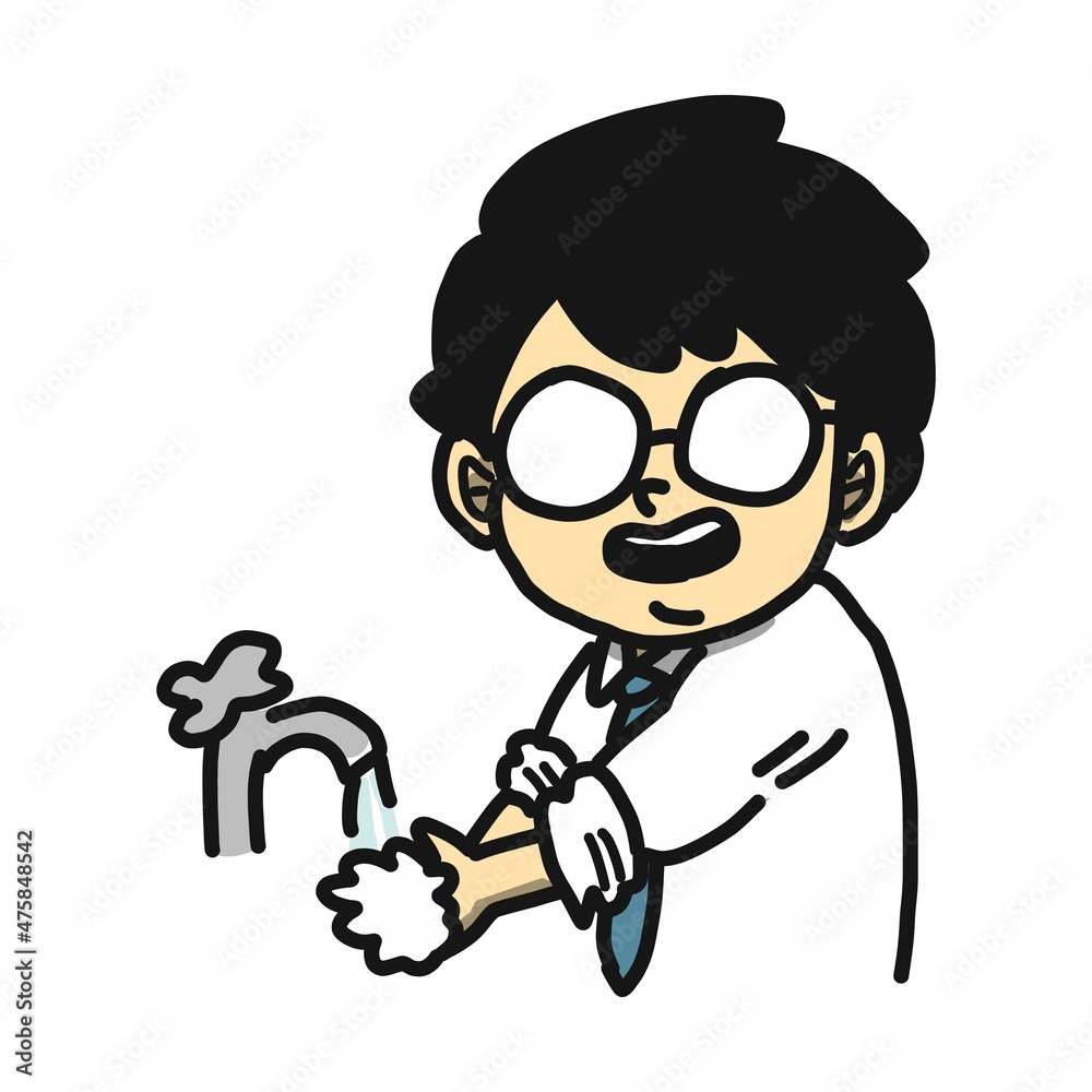 Obraz premium 風邪予防のため、念入りに石鹸で手洗いをするサラリーマンのイラスト