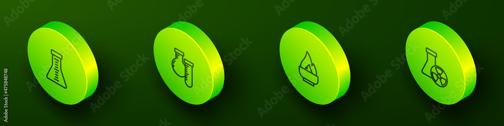 Set Isometric line Test tube and flask, , Alcohol or spirit burner and radiation icon. Vector