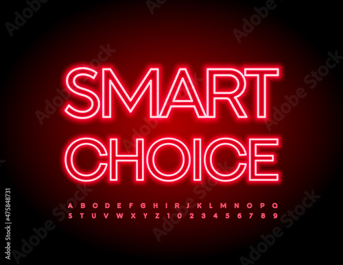 Vector neon sign Smart Choice with Red Illuminated Font. Glowing light tube Alphabet Letters and Numbers set