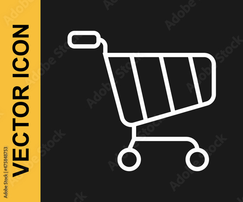 White line Shopping cart icon isolated on black background. Online buying concept. Delivery service sign. Supermarket basket symbol. Vector