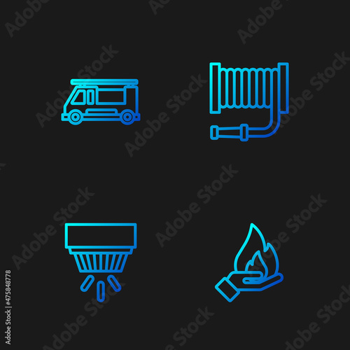 Set line Hand holding a fire, Smoke alarm system, Fire truck and hose reel. Gradient color icons. Vector