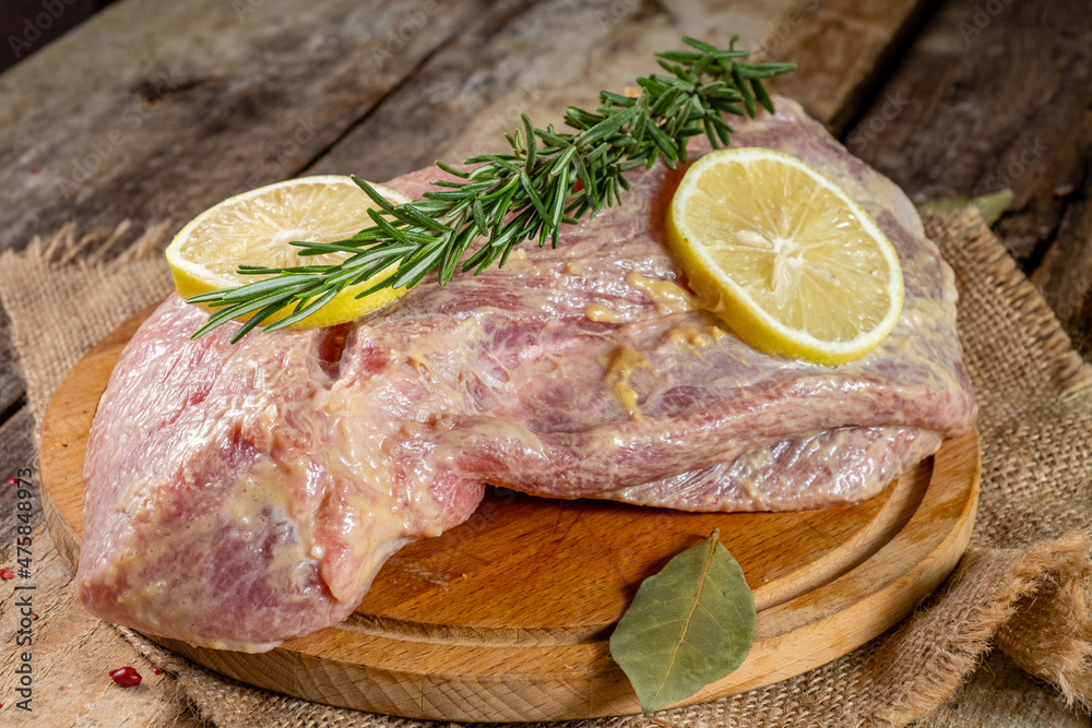 Pork before cooking zamarinvoan in mustard, lemon, rosemary and spices. Pork before cooking zamarinvoan in mustard, lemon, rosemary and spices.