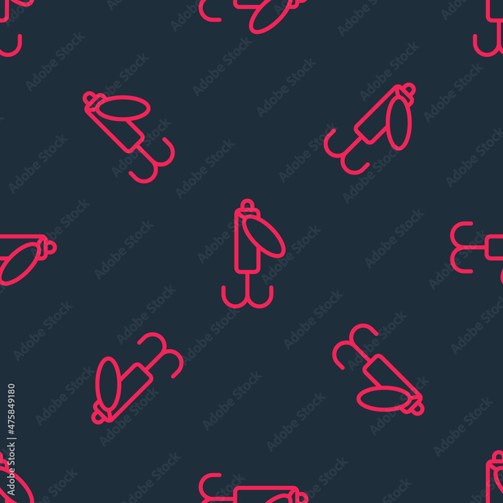 Red line Fishing lure icon isolated seamless pattern on black background. Fishing tackle. Vector Red line Fishing lure icon isolated seamless pattern on black background. Fishing tackle. Vector