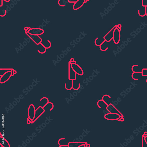 Red line Fishing lure icon isolated seamless pattern on black background. Fishing tackle. Vector