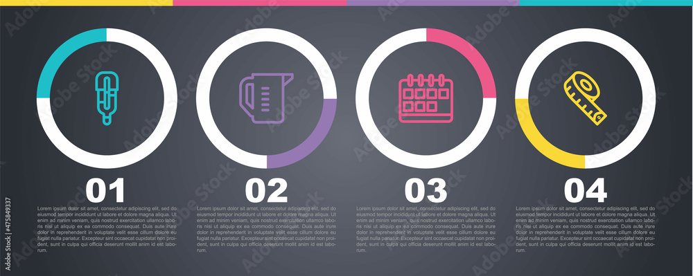 Set line Medical thermometer, Measuring cup, Calendar and tape. Business infographic template. Vector