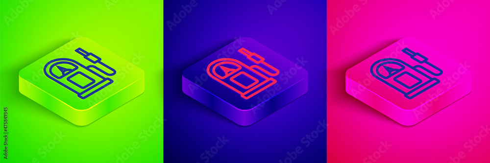 Isometric line Petrol or gas station icon isolated on green, blue and pink background. Car fuel symbol. Gasoline pump. Square button. Vector