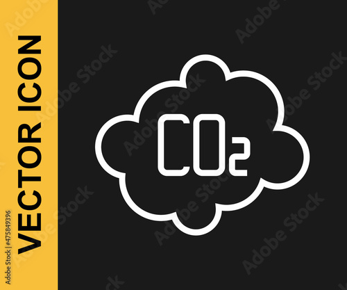 White line CO2 emissions in cloud icon isolated on black background. Carbon dioxide formula, smog pollution concept, environment concept. Vector