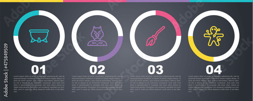 Set line Halloween witch cauldron, Krampus, heck, Witches broom and Voodoo doll. Business infographic template. Vector