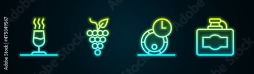 Set line Wine tasting, degustation, Bunch of grapes, Wooden barrel for wine and Cardboard box. Glowing neon icon. Vector