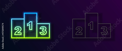 Glowing neon line Award over sports winner podium icon isolated on black background. Vector