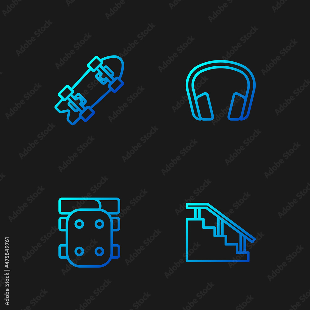 Set line Skateboard stairs with rail, Knee pads, Longboard or skateboard and Headphones. Gradient color icons. Vector Set line Skateboard stairs with rail, Knee pads, Longboard or skateboard and Headphones. Gradient color icons. Vector