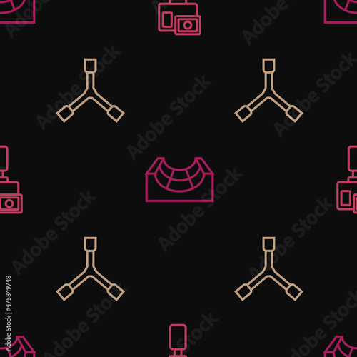 Set line Action camera, Skateboard Y-tool and park on seamless pattern. Vector
