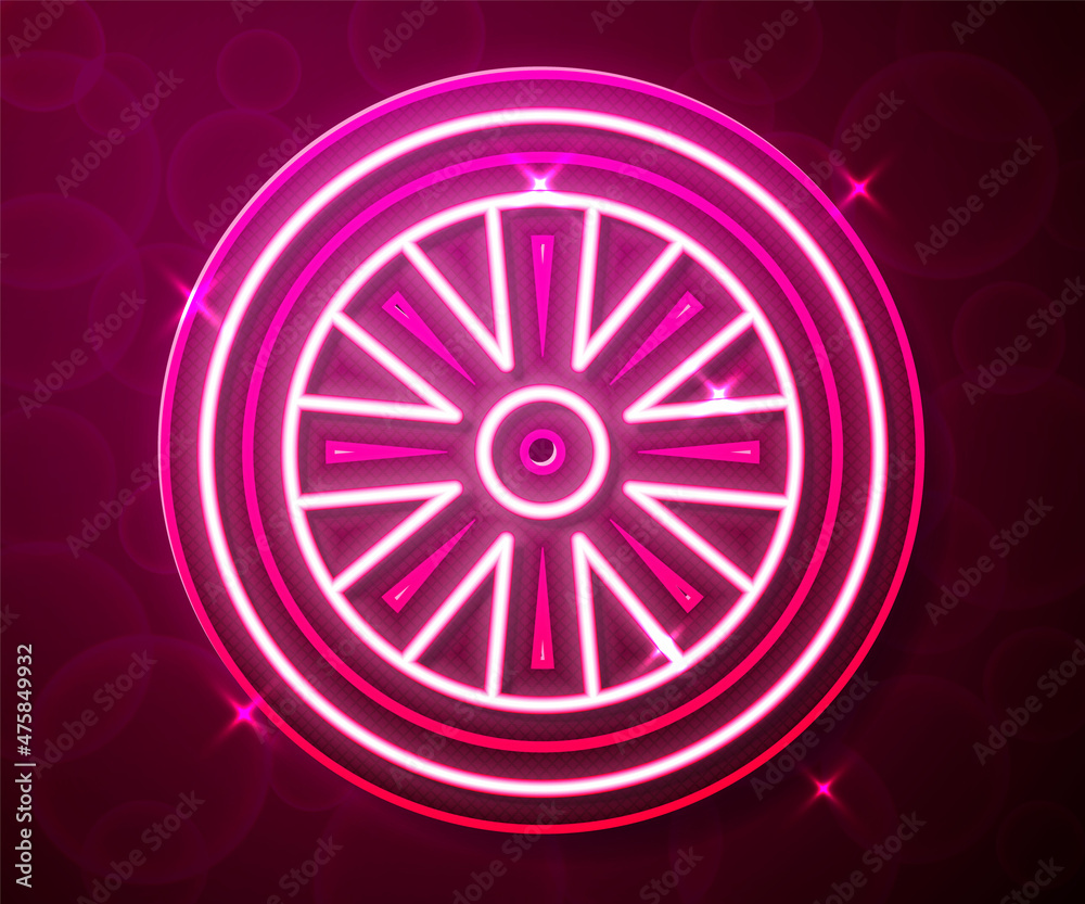 Glowing neon line Alloy wheel for car icon isolated on red background. Vector
