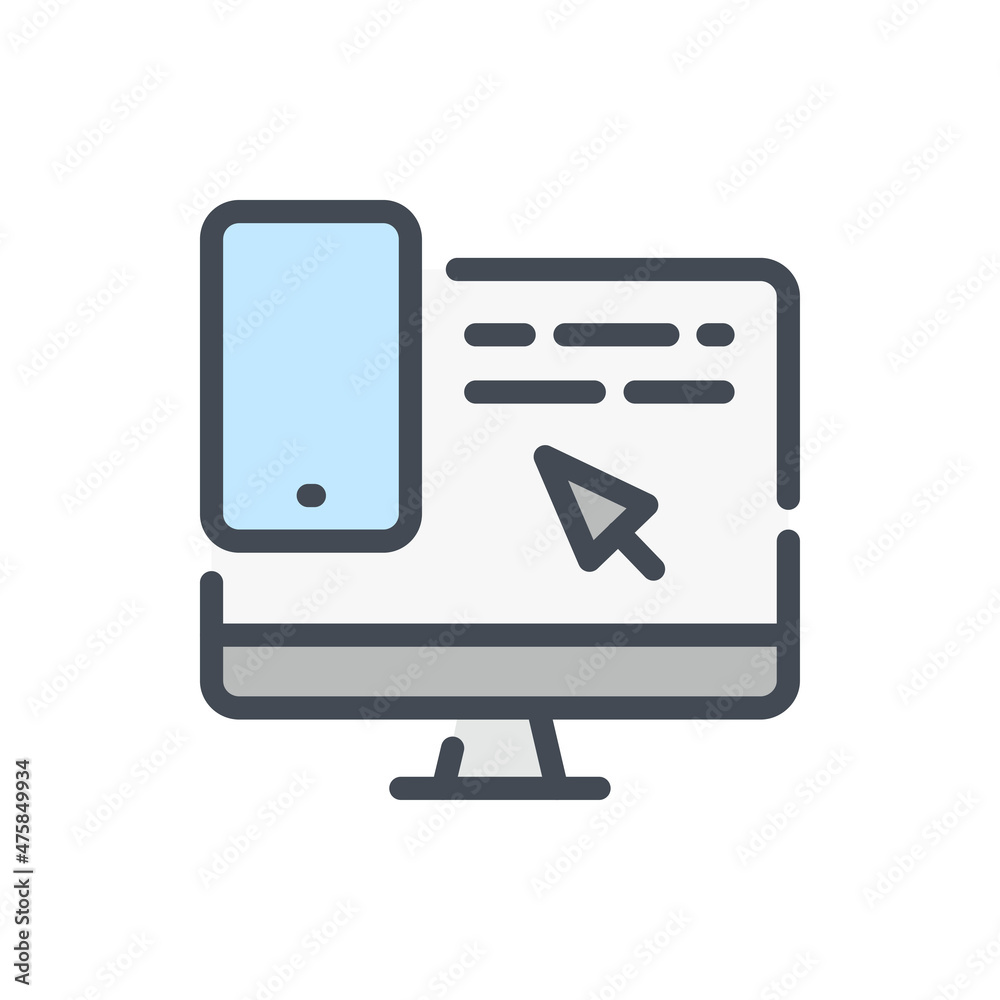 Computer connection to mobile phone color line icon. Mobile application and computer coding with click arrow vector outline colorful sign. Computer connection to mobile phone color line icon. Mobile application and computer coding with click arrow vector outline colorful sign.