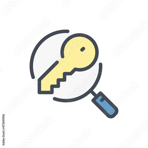 Keyword search color line icon. Magnifier glass with key vector outline colorful sign.