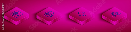 Set Isometric line Wi-Fi wireless internet, Smart Tv system, Cloud upload and Wireless gamepad icon. Vector