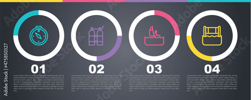 Set line Compass, Aqualung, Windsurfing and Water volleyball net. Business infographic template. Vector