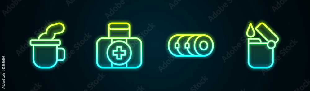 Set line Cup of tea, First aid kit, Blanket roll and Lighter. Glowing neon icon. Vector