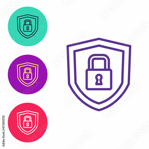 Set line Shield security with lock icon isolated on white background. Protection, safety, password security. Firewall access privacy sign. Set icons colorful. Vector